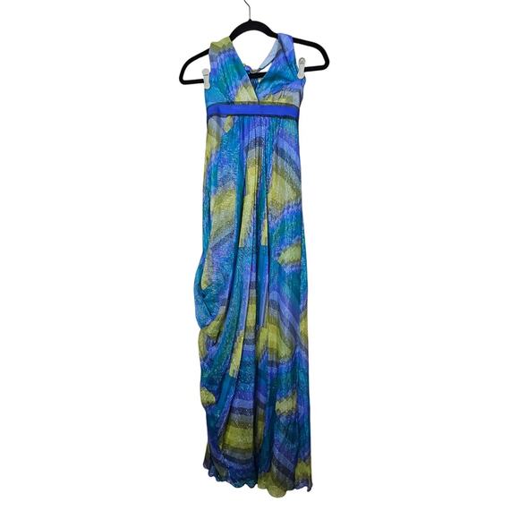 NEW BCBG MAXAZRIA Chiffon Metallic Printed Maxi Dress 8 Blue Halter Y2K Mermaid - Picture 2 of 6